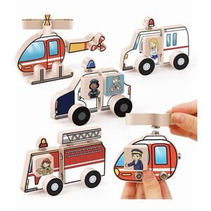 Wooden Emergency Vehicle Set with Ambulance- Police -Fire -Helicopter 33pc Set